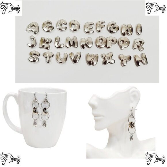 Alphabet Initial Letter A Earrings Silver Rhinestone Charms - Picture 3 of 4
